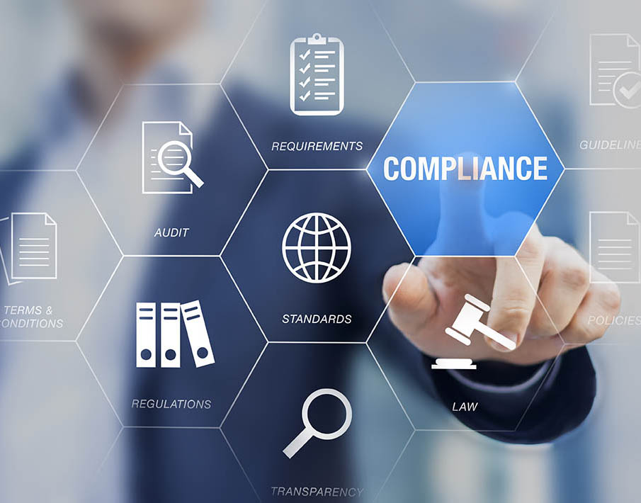 Compliance to Standards, Regulations, and Requirements to pass audit and manage quality control. Concept about conformity with manager or auditor pressing buttons with icons.
